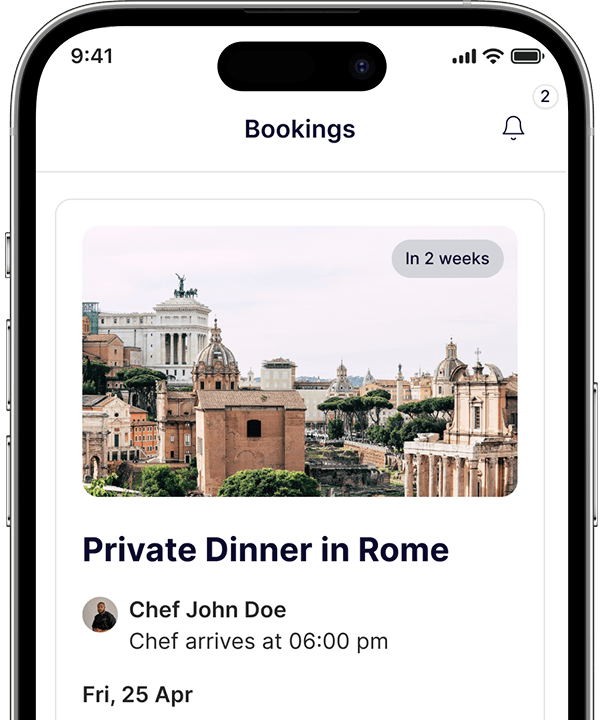 ChefMaison app on a phone showing bookings
