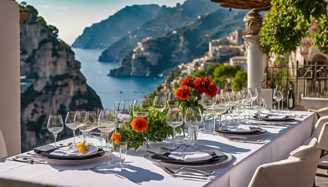 A set table of 8 persons overlooking Amalfi Coastline