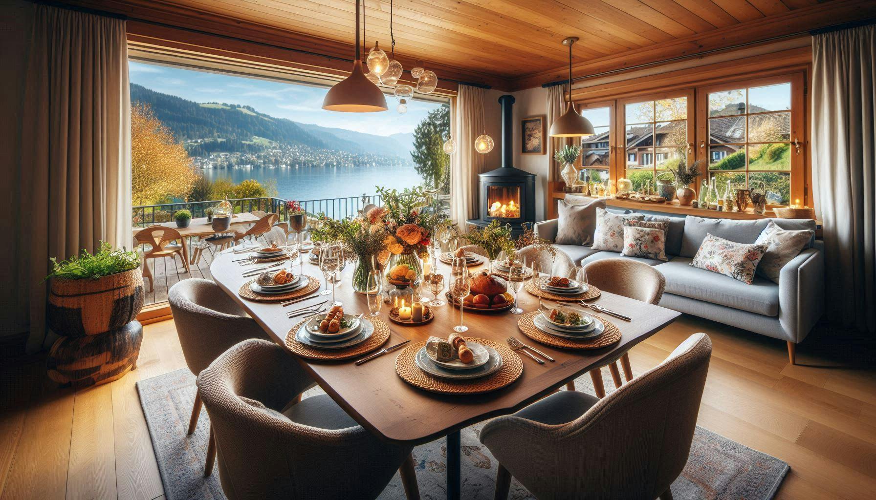 A dinner table set for 8 persons on the Lake Geneva