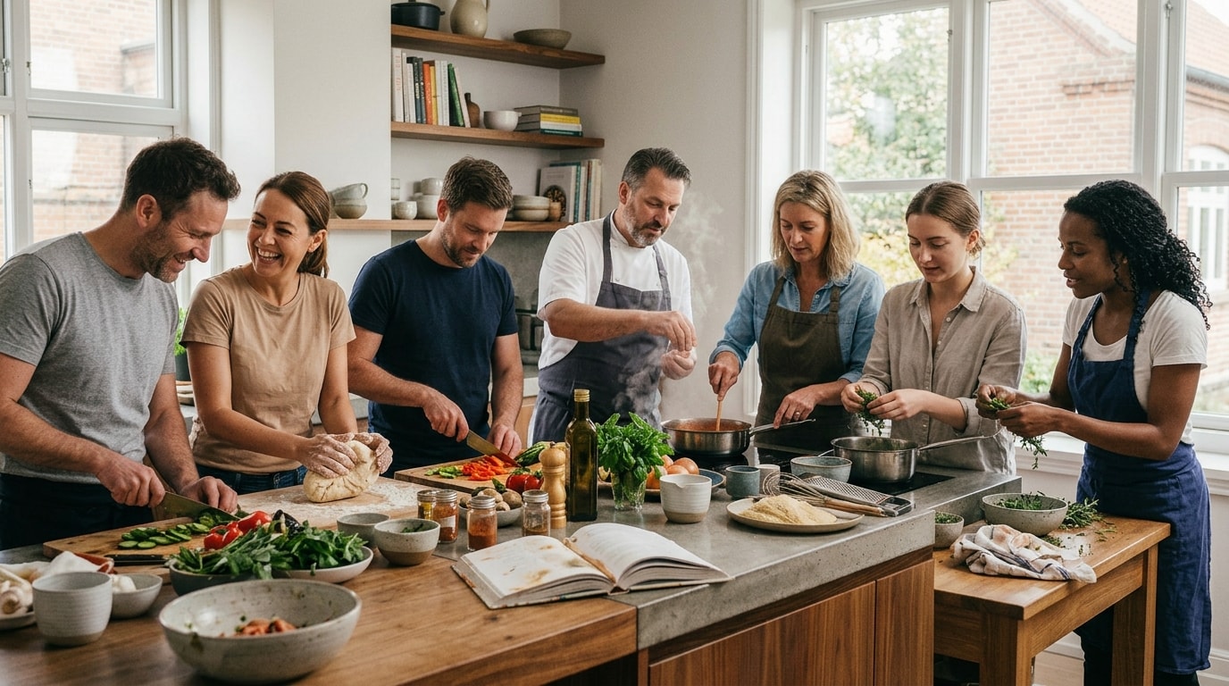 Gäste kochen gemeinsam mit einem Koch bei einem privaten Kochkurs