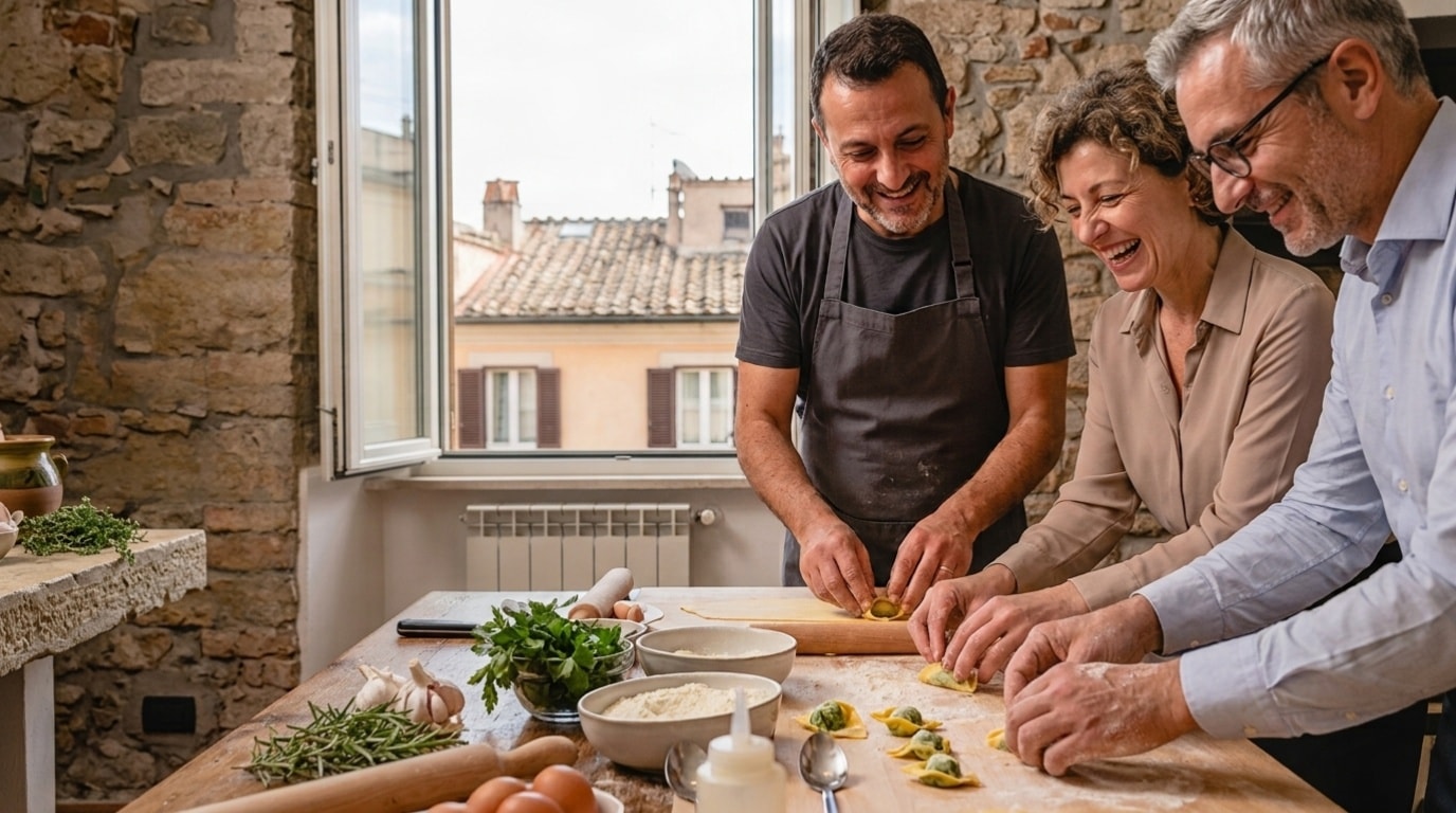 Ospiti che cucinano con uno chef durante un corso di cucina privato